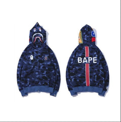 BAPE Fall Winter Shark Blue Camo Back BAPE Logo Full‑Zip Hoodie
