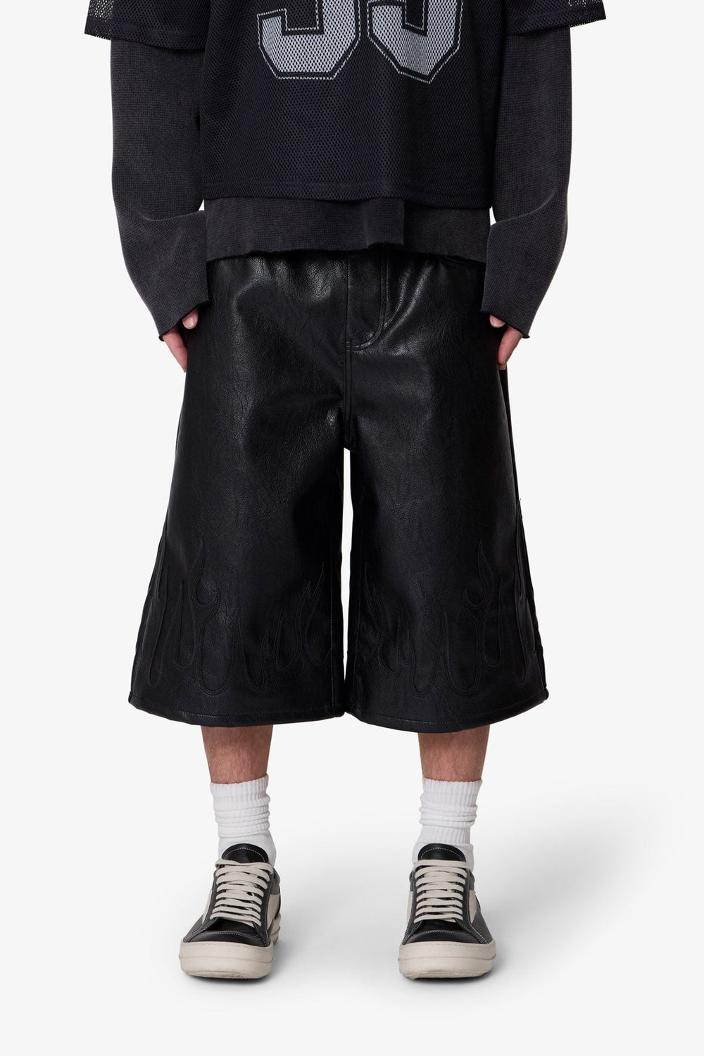 Ultra Baggy Leather Flame Shorts - Black