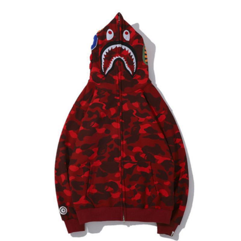 BAPE Fall Winter Shark Red Camo Full‑Zip Hoodie