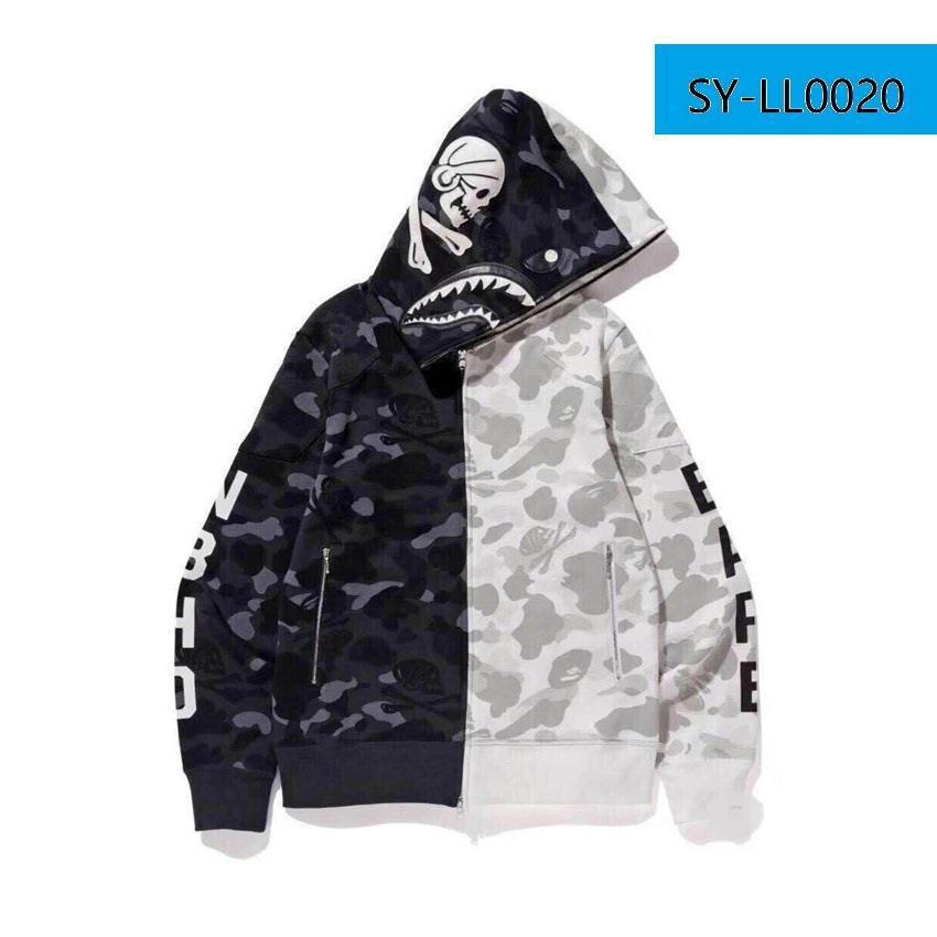 BAPE  Fall Winter Shark Split Black‑White Camo Skull Full‑Zip Hoodie