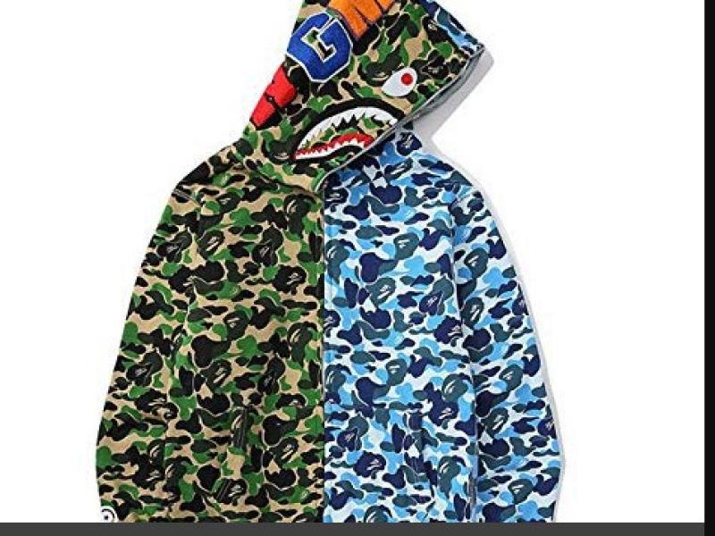 BAPE  Fall Winter Shark Split Green Blue Camo Full‑Zip Hoodie