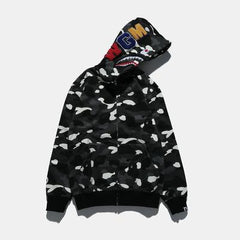 BAPE Fall Winter Shark Black White Camo Full‑Zip Hoodie
