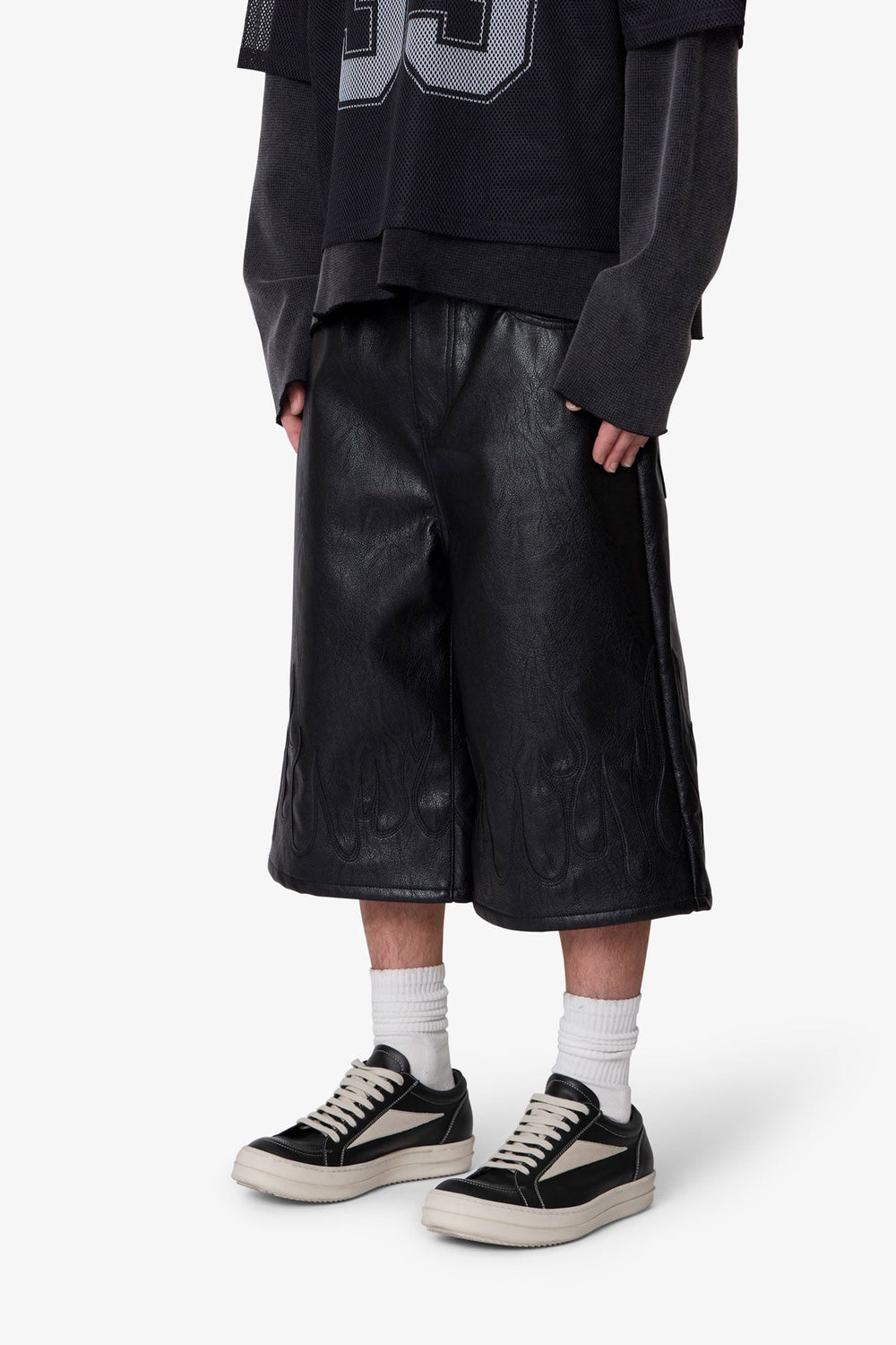 Ultra Baggy Leather Flame Shorts - Black